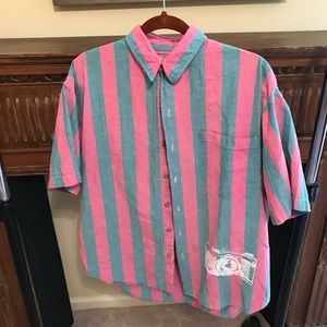 Patterned button down shirt with camera graphic